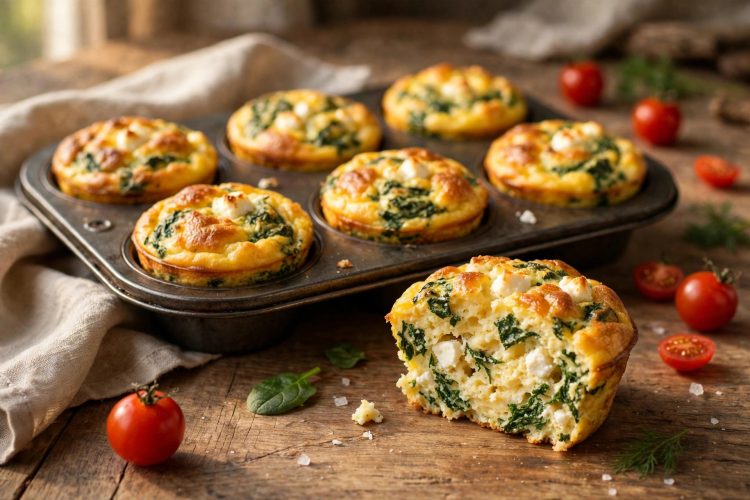 Golden spinach feta egg muffins in a muffin tray, one cut open showing fluffy interior with spinach and feta