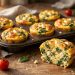 Golden spinach feta egg muffins in a muffin tray, one cut open showing fluffy interior with spinach and feta