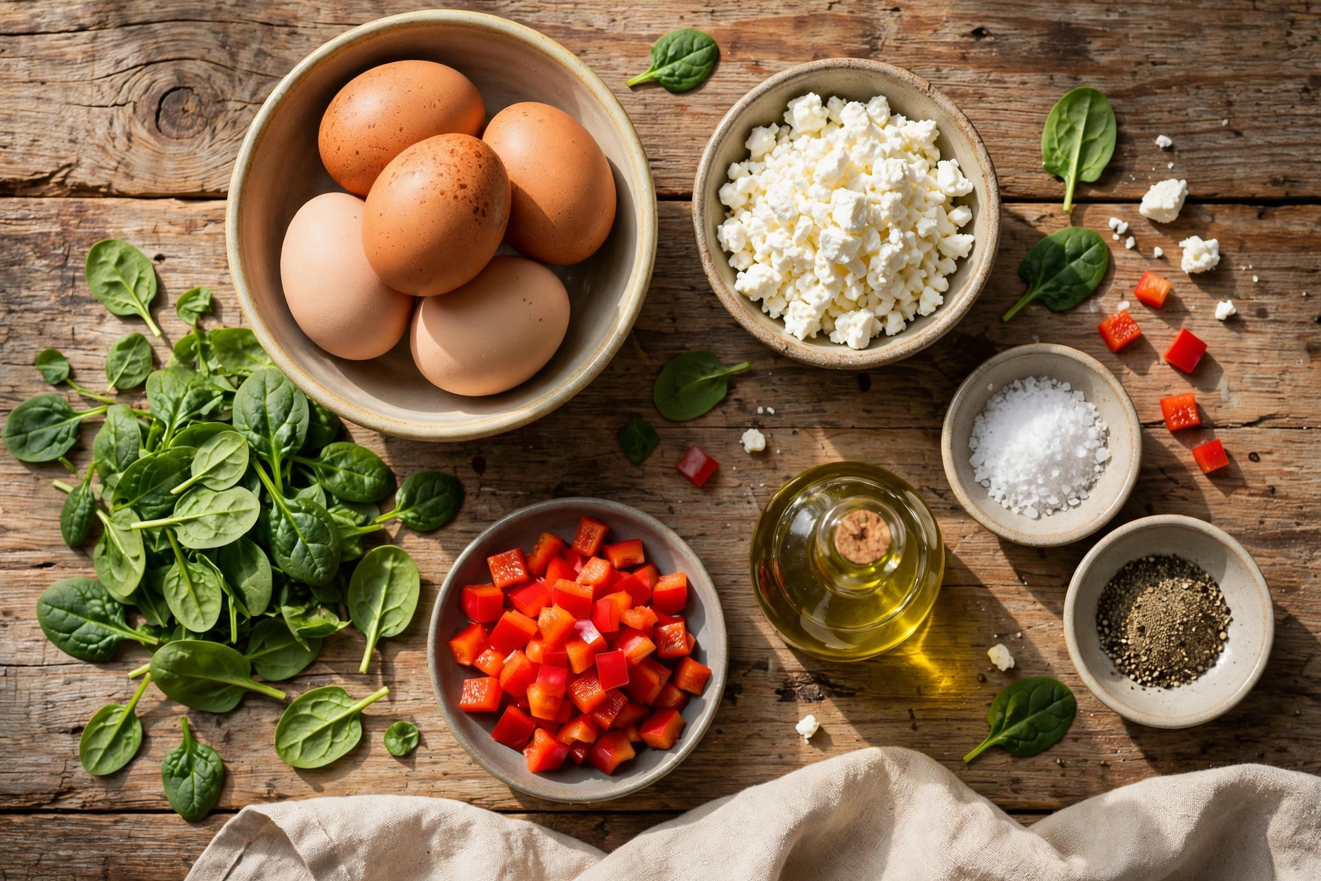 Flat lay of fresh eggs, crumbled feta, baby spinach, diced bell pepper and seasonings