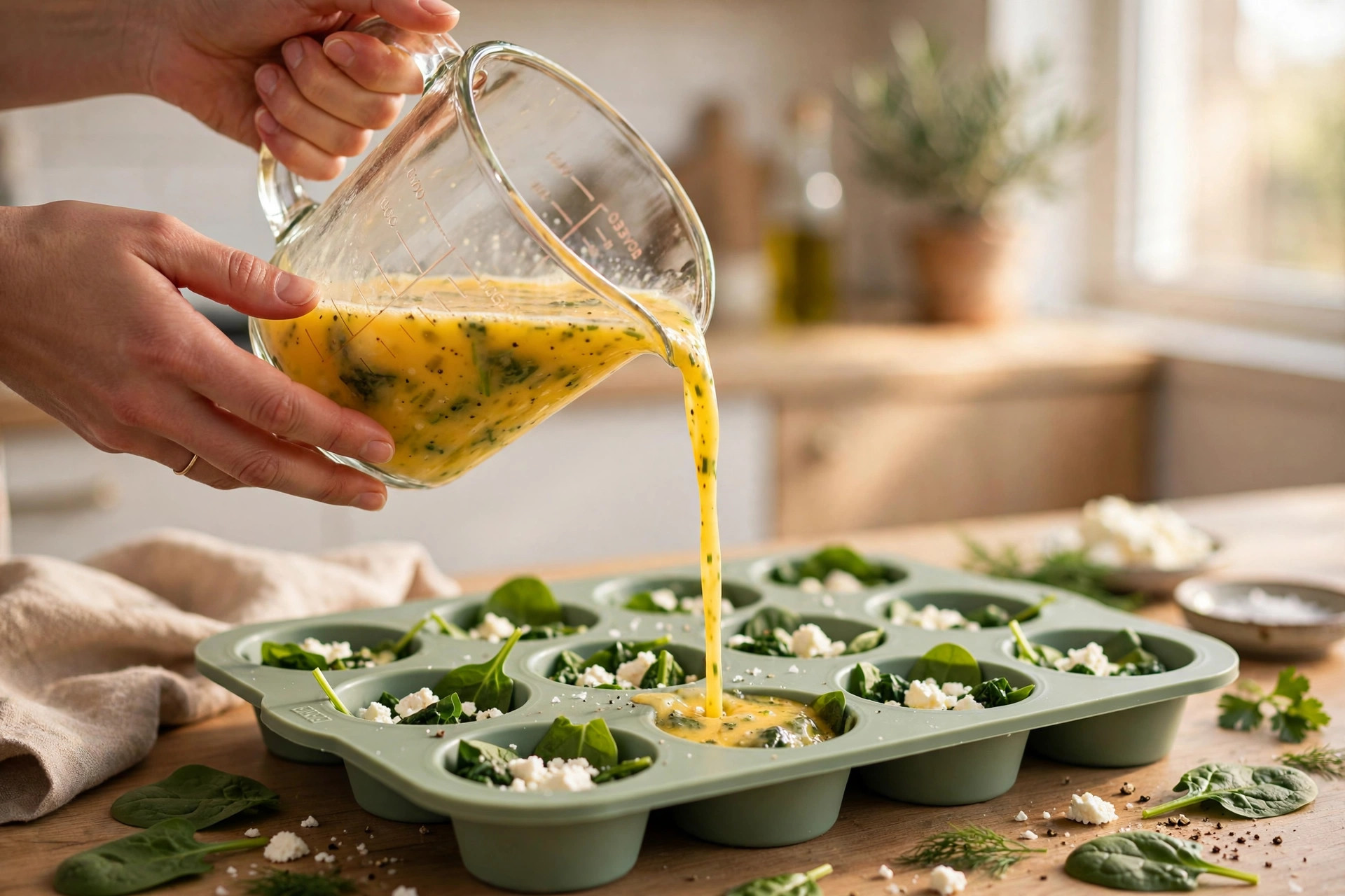 Pouring whisked egg mixture from a measuring jug into a spinach and feta filled muffin pan