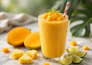 Tropical mango smoothie in a tall glass with fresh mango, pineapple, and lime