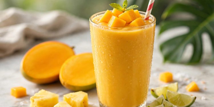 Tropical mango smoothie in a tall glass with fresh mango, pineapple, and lime
