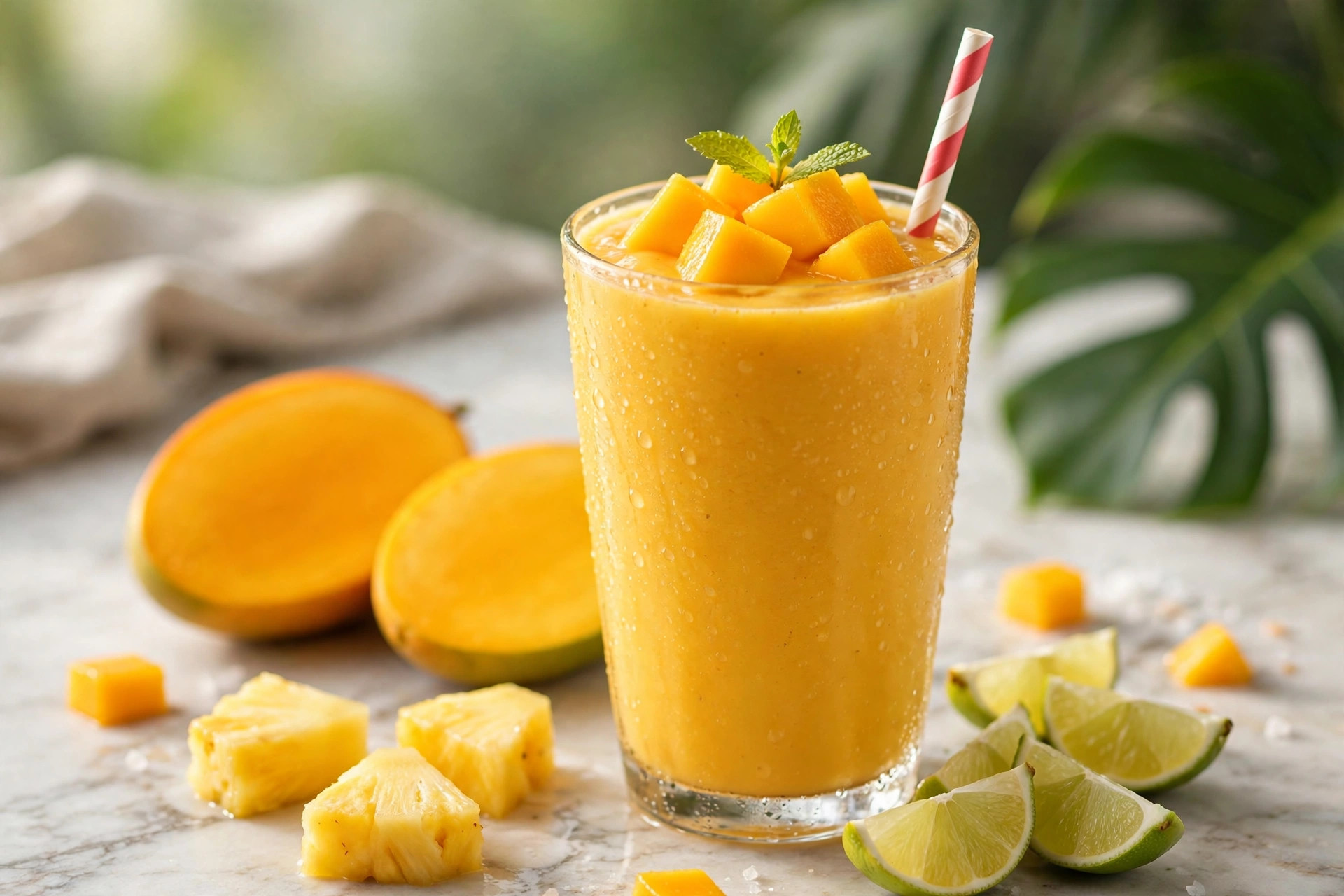 Tropical mango smoothie in a tall glass with fresh mango, pineapple, and lime