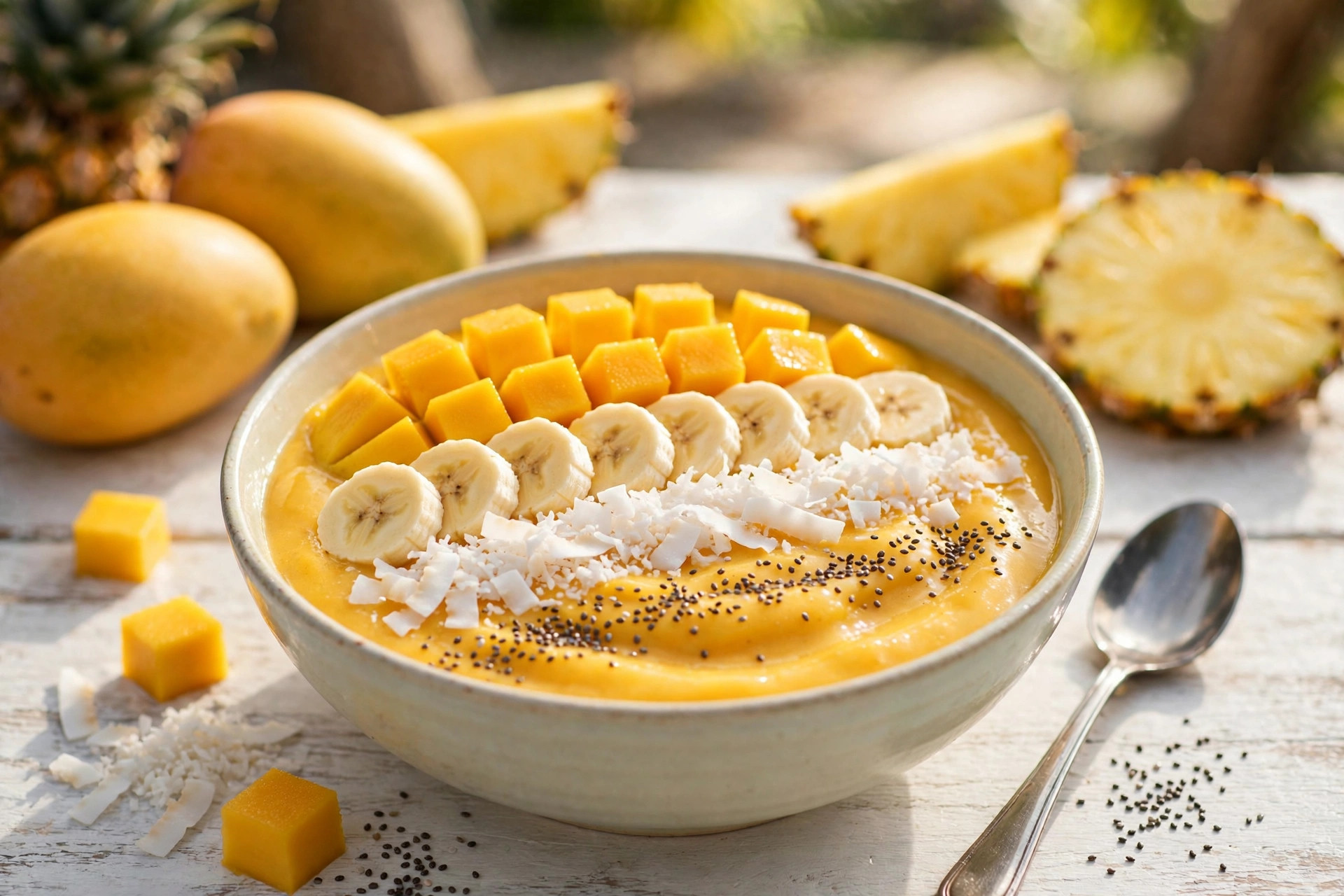 mango smoothie bowl with toppings