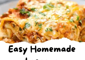 A close-up of a slice of cheesy homemade lasagna topped with parsley, highlighting layers of delicious lasagna, with the text “Easy Homemade Lasagna” in bold black letters below the image.