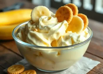 A glass bowl filled with creamy banana pudding, topped with banana slices and vanilla wafers, sits on a wooden table beside bananas—perfect inspiration for Banana Pudding Ice Cream.