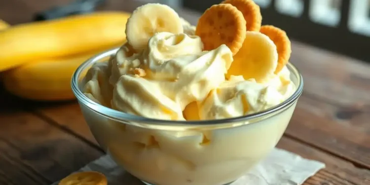 A glass bowl filled with creamy banana pudding, topped with banana slices and vanilla wafers, sits on a wooden table beside bananas—perfect inspiration for Banana Pudding Ice Cream.