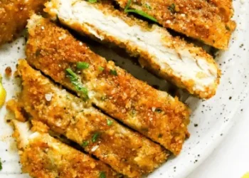 Close-up of crispy, baked chicken cutlets sliced into strips on a white plate, garnished with chopped parsley.
