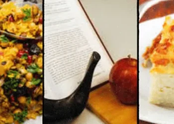 A collage with three sections: a bowl of colorful mixed rice, a shofar and pomegranate beside an open book for Rosh Hashanah, and a slice of baked noodle casserole on a white plate.