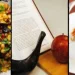A collage with three sections: a bowl of colorful mixed rice, a shofar and pomegranate beside an open book for Rosh Hashanah, and a slice of baked noodle casserole on a white plate.