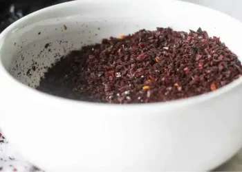 A close-up of a white bowl filled with ground sumac and ancho chili powder, both boasting rich colors and coarse textures, sitting on a light surface.