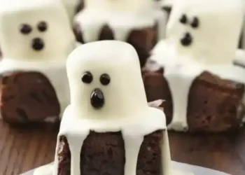 Chocolate mini cakes decorated as ghosts with draped white icing and chocolate dots for eyes and mouths, arranged on a wooden surface—perfect for fun Recipes with 3 Ingredients for your next spooky celebration.