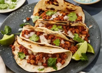 Three tacos filled with seasoned turkey meat, chopped onions, and cilantro are arranged on a gray plate with charred tortillas. This Turkey Tacos Recipe is garnished with lime wedges and fresh cilantro for a burst of flavor.