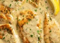 Golden brown Garlic Parmesan Chicken breasts covered in a creamy, herb-filled sauce, garnished with chopped parsley and served with lemon wedges.