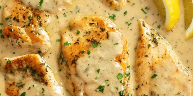 Golden brown Garlic Parmesan Chicken breasts covered in a creamy, herb-filled sauce, garnished with chopped parsley and served with lemon wedges.