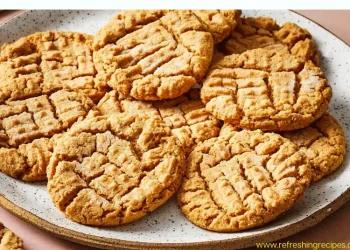 A plate filled with golden-brown peanut butter cookies, featuring a classic crisscross fork pattern on top. The cookies are arranged neatly and have a slightly crumbly texture, showcasing the timeless appeal of homemade peanut butter cookies.