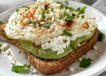 A slice of whole grain toast topped with mashed avocado, cottage cheese, a cooked egg, crumbled cheese, chopped parsley, and sprinkled spices—an easy addition to your favorite cottage cheese recipes, served on a white plate.