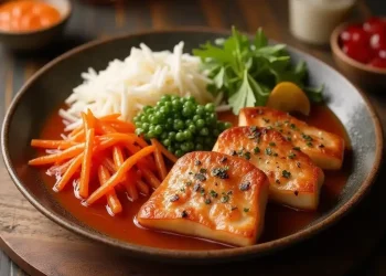 A plate with grilled tofu slices in sauce, inspired by recipes from Taiwan, garnished with chives, served alongside shredded white radish, julienned carrots, green peas, fresh herbs, and a lemon wedge on a wooden table.