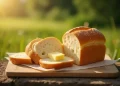 A loaf of bread is partially sliced on a wooden cutting board outdoors, with a couple of slices topped with pats of butter—a perfect outdoor boys bread recipe moment set against a sunny, blurred backdrop of green grass.
