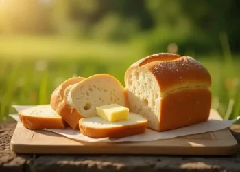 A loaf of bread is partially sliced on a wooden cutting board outdoors, with a couple of slices topped with pats of butter—a perfect outdoor boys bread recipe moment set against a sunny, blurred backdrop of green grass.
