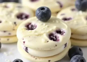 Round blueberry cream cookies are stacked on a white surface, with fresh blueberries scattered around and on top. These white chocolate blueberry Oreos have visible blueberry pieces and a creamy texture.