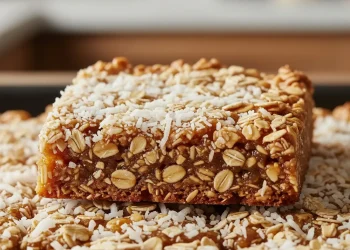 A close-up of a chewy oat bar topped with shredded coconut, resting on a tray of similar bars. The golden-brown color and visible whole oats evoke a classic homemade feel—perfect for anyone seeking an authentic Anzac slice recipe.