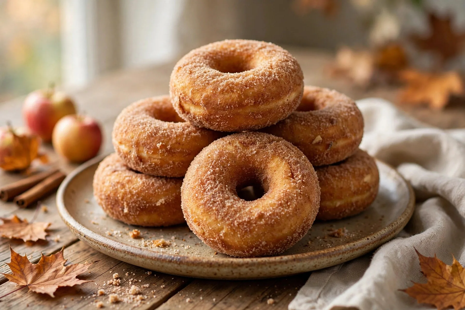 Cinnamon sugar coated baked apple cider donuts stacked on a rustic plate