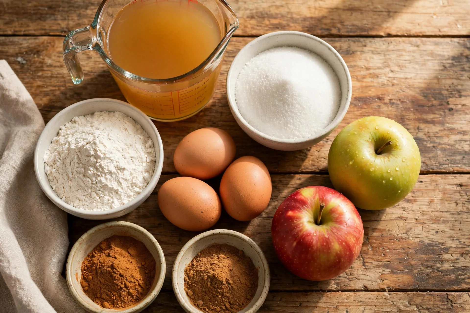Apple cider, flour, sugar, eggs and spices laid out for baked donuts