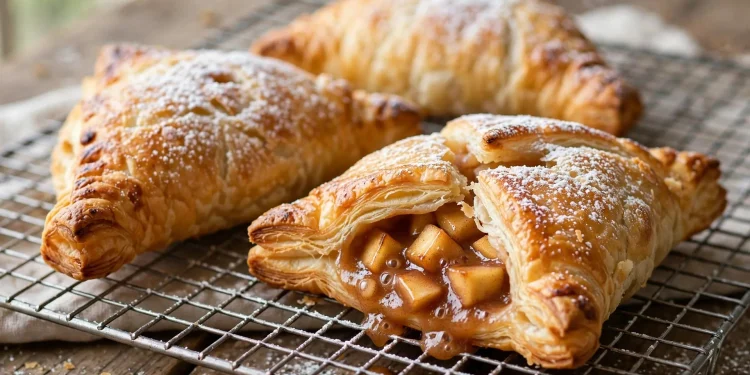 Golden flaky apple turnovers with puff pastry dusted with powdered sugar on a cooling rack