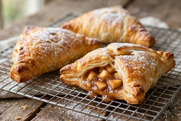 Golden flaky apple turnovers with puff pastry dusted with powdered sugar on a cooling rack