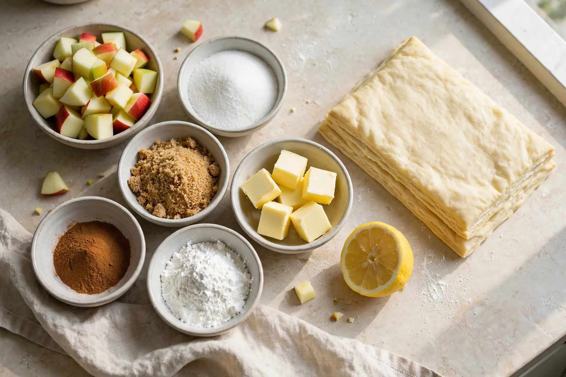 Diced apples, sugar, cinnamon and butter in small bowls on a counter