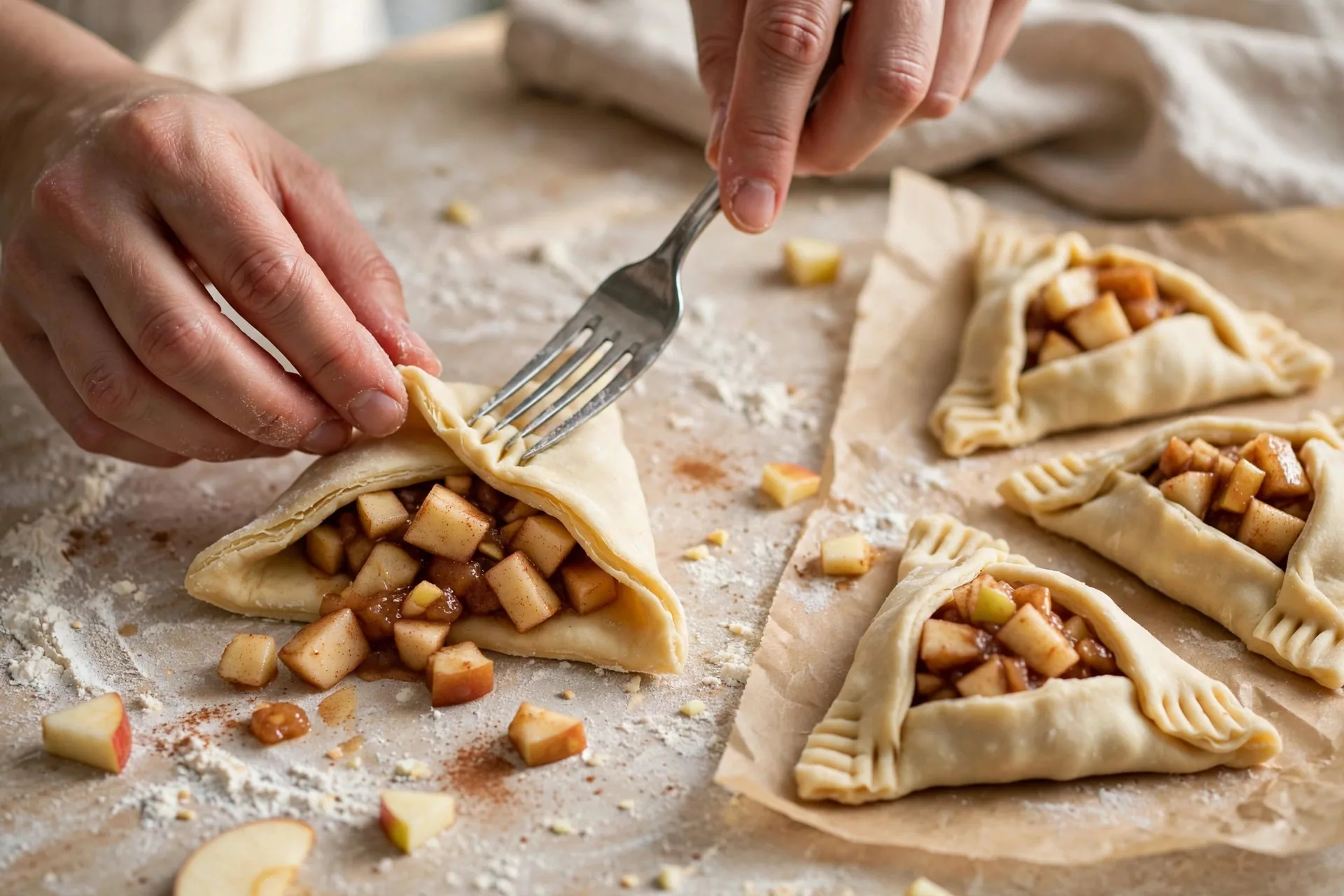 Hands folding puff pastry triangles over apple filling and crimping edges with a fork