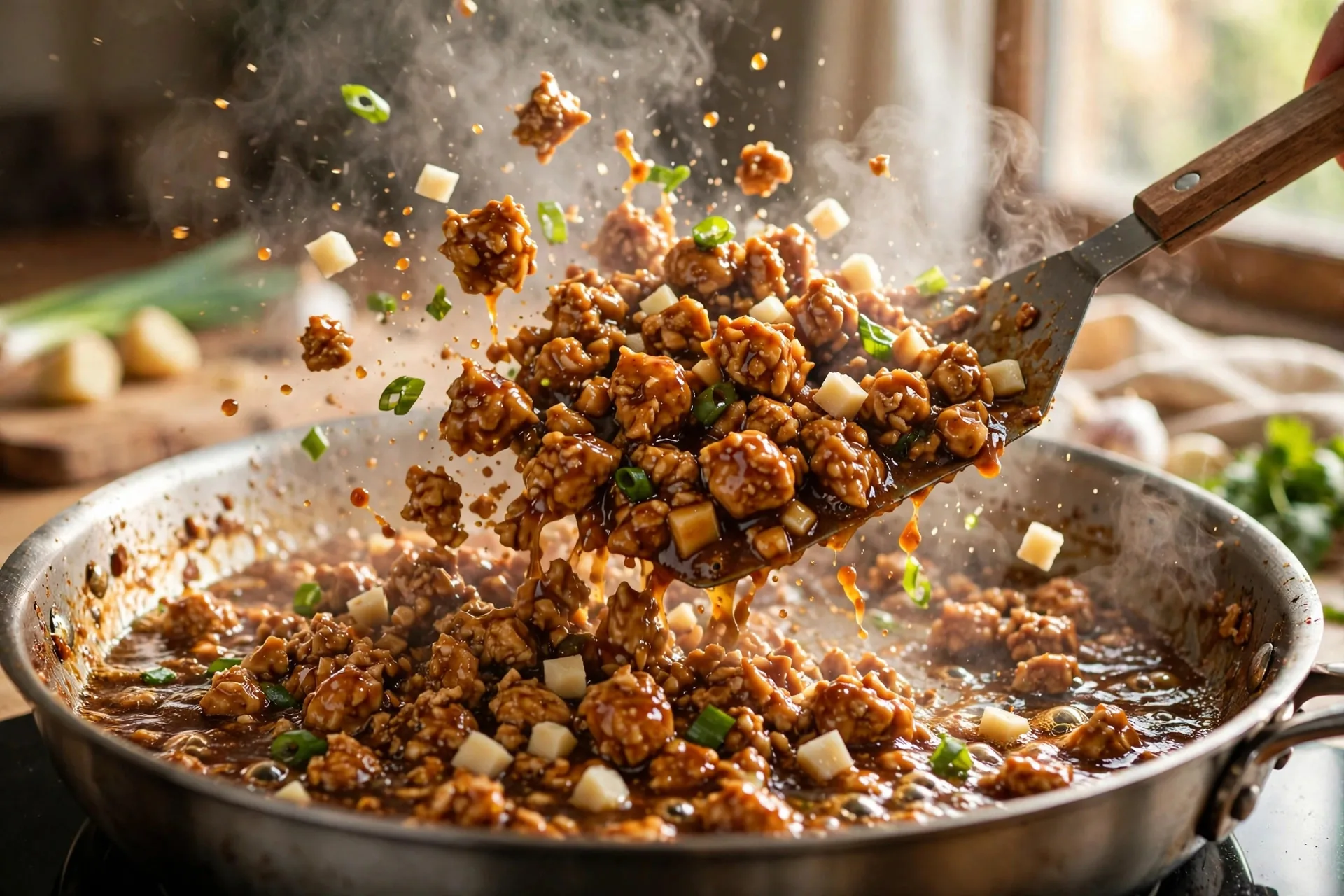 Ground chicken cooking with vegetables in a skillet for lettuce wraps