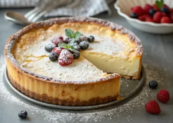 A baked ricotta cheesecake with a golden crust, topped with powdered sugar, blueberries, raspberries, and a sprig of mint. One slice is cut and slightly pulled out. A bowl of berries and a checkered napkin are in the background.
