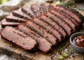Sliced BBQ beef brisket on a cutting board with barbecue sauce