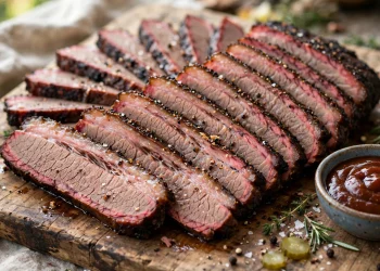 Sliced BBQ beef brisket on a cutting board with barbecue sauce