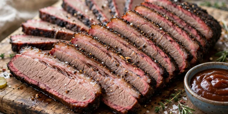 Sliced BBQ beef brisket on a cutting board with barbecue sauce