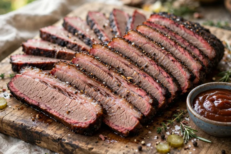 Sliced BBQ beef brisket on a cutting board with barbecue sauce