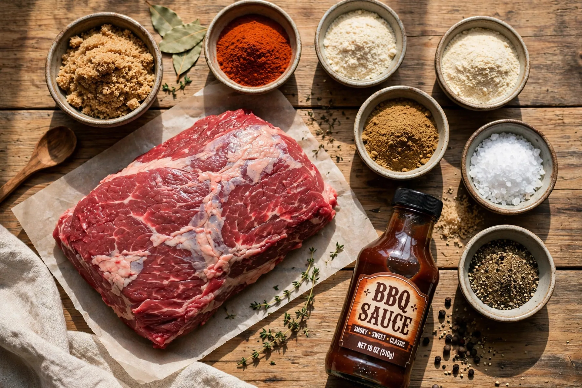 Raw beef brisket and dry rub ingredients laid out on a wooden table