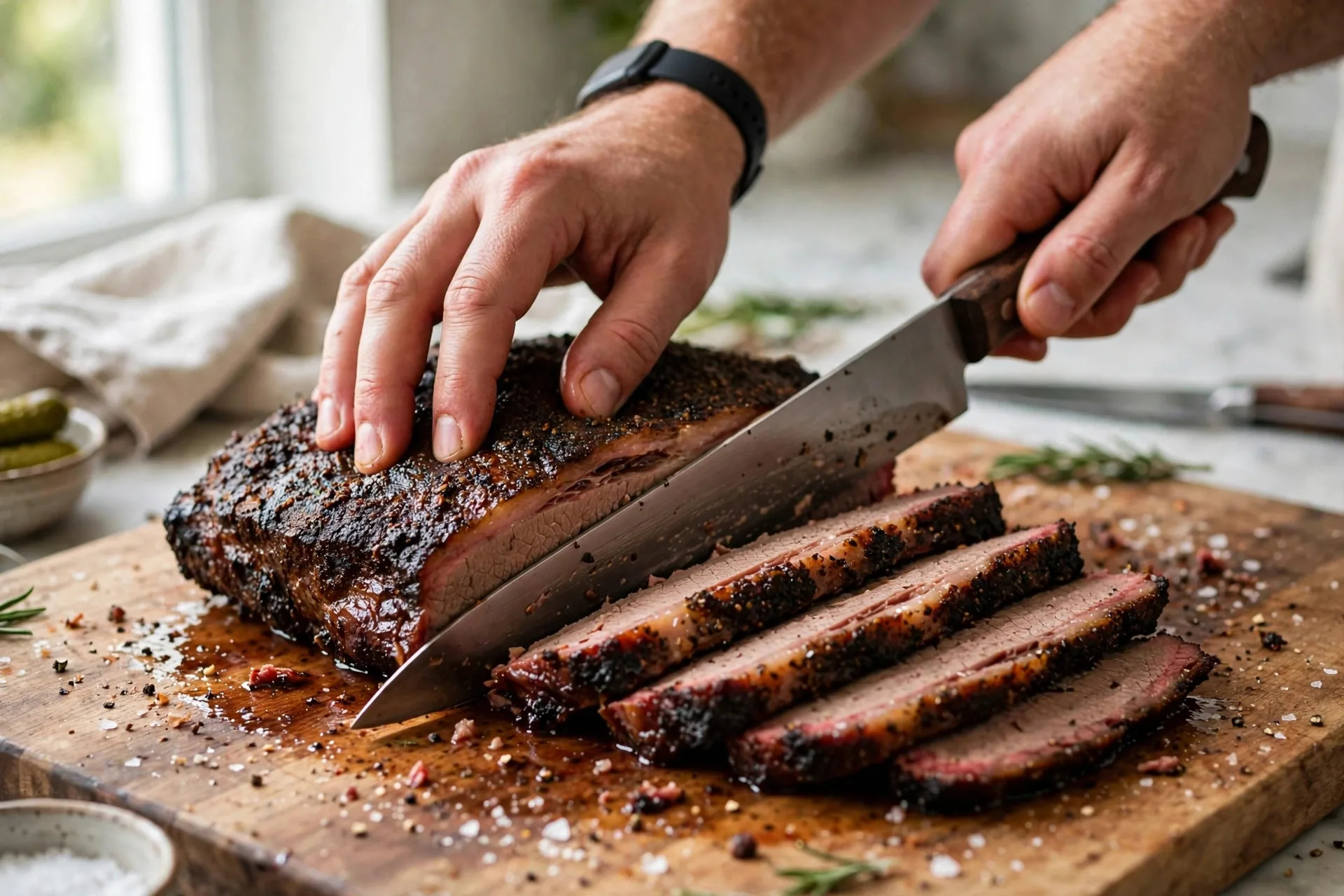 Slicing a rested BBQ beef brisket on a cutting board with a carving knife
