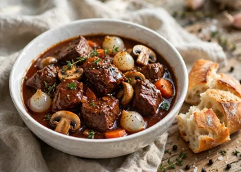 Classic beef bourguignon in a white bowl with pearl onions, mushrooms and carrots