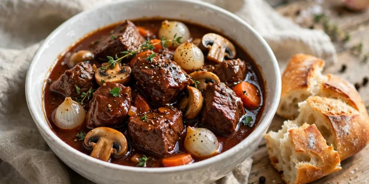 Classic beef bourguignon in a white bowl with pearl onions, mushrooms and carrots