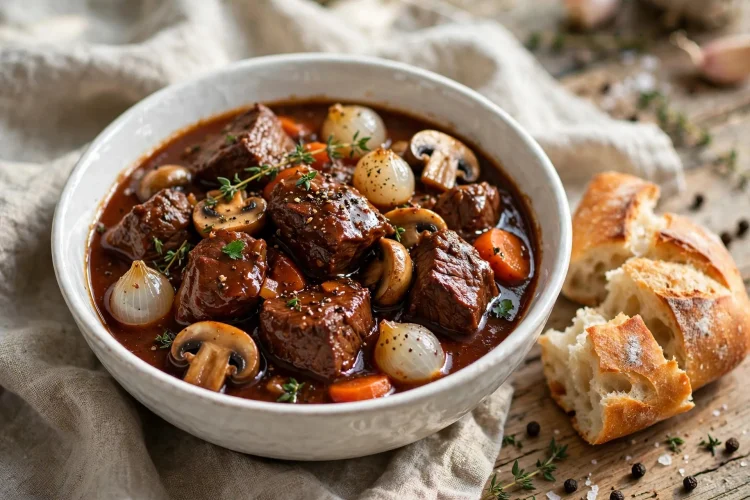 Classic beef bourguignon in a white bowl with pearl onions, mushrooms and carrots
