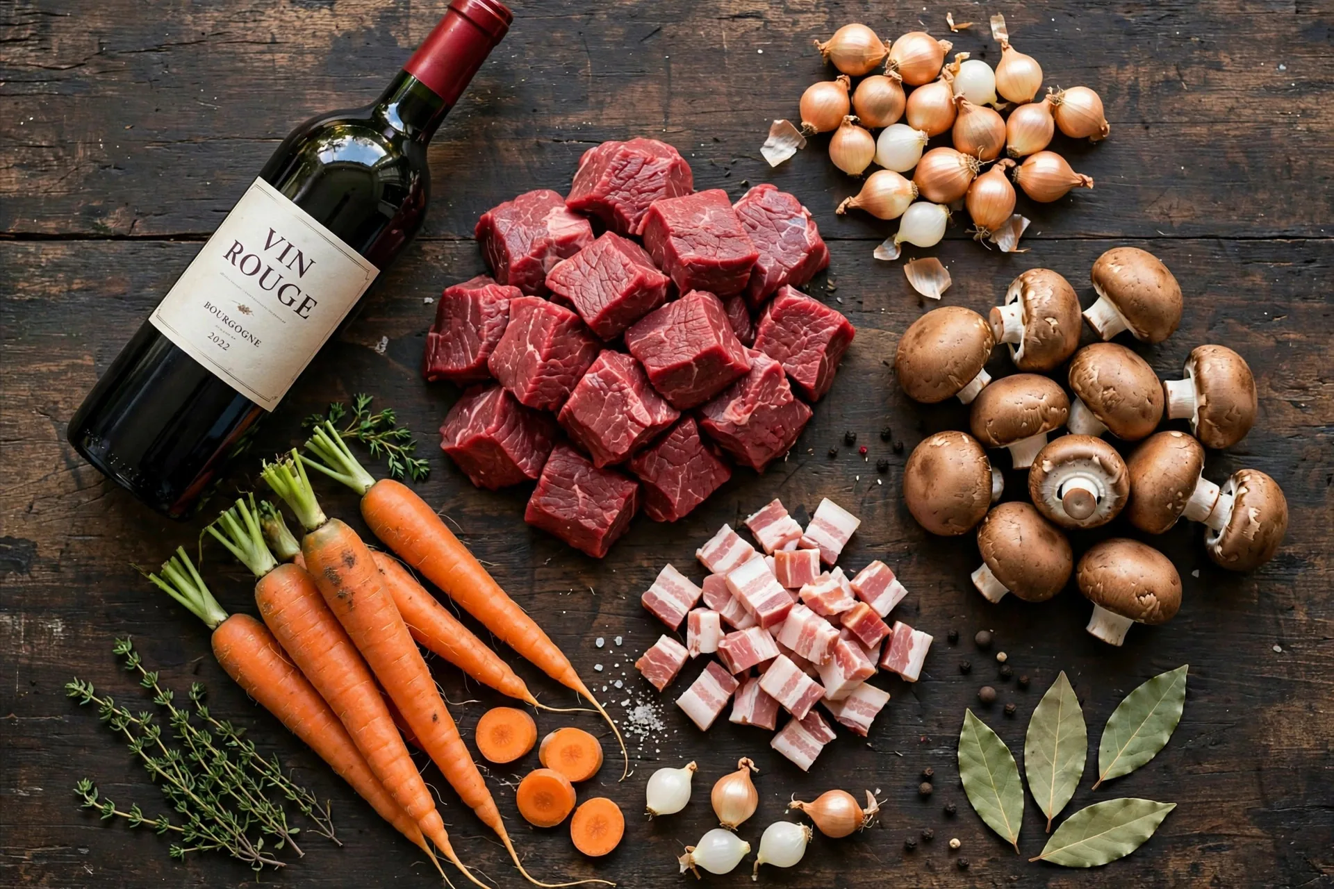 Raw beef bourguignon ingredients laid out on a dark wooden table