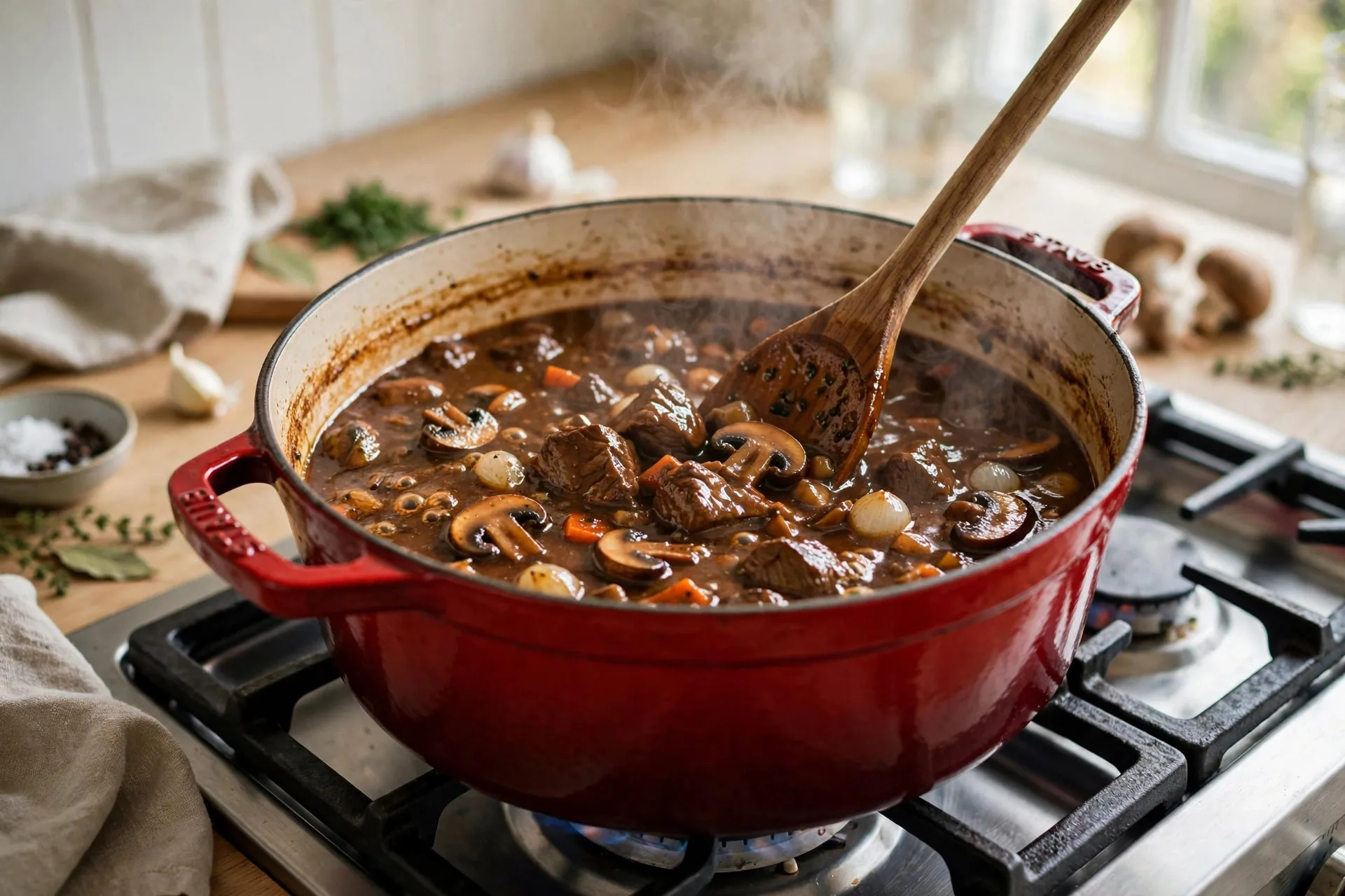 Beef bourguignon simmering in a red dutch oven with a wooden spoon