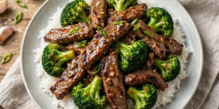 Beef and broccoli stir-fry with glossy garlic-ginger sauce served over steamed rice