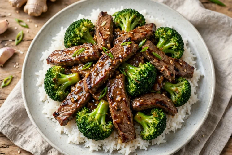 Beef and broccoli stir-fry with glossy garlic-ginger sauce served over steamed rice
