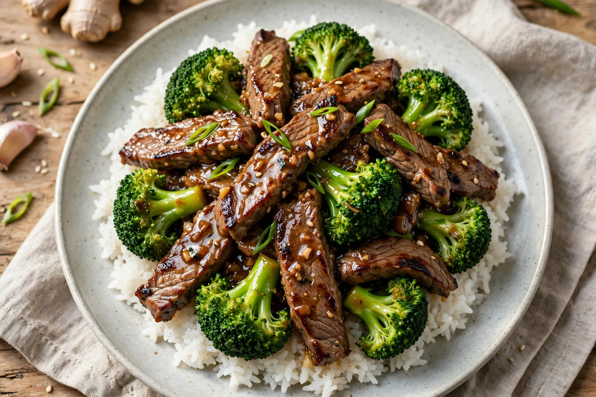 Beef and broccoli stir-fry with glossy garlic-ginger sauce served over steamed rice