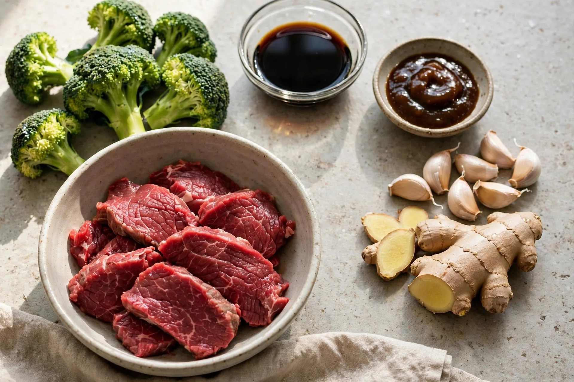 Raw sliced beef in marinade bowl, broccoli florets, soy sauce, oyster sauce, garlic, and ginger