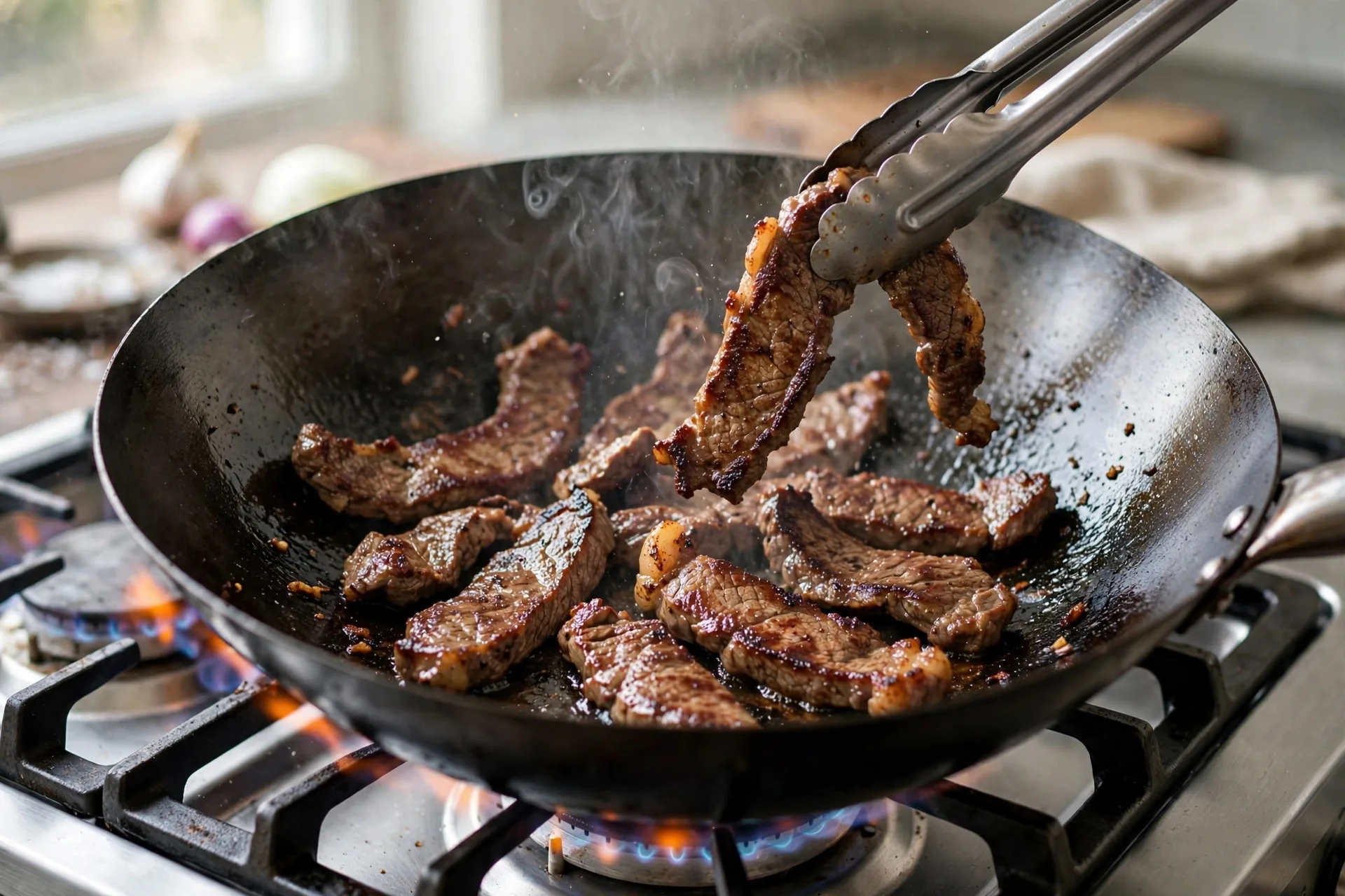 Beef strips searing in a smoking hot wok with tongs flipping them